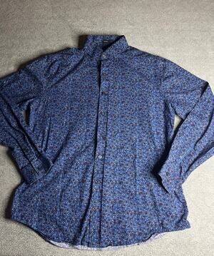 Express Men's Blue Floral Extra Slim Fit Dress Shirt Long Sleeve Size L 16-161/2